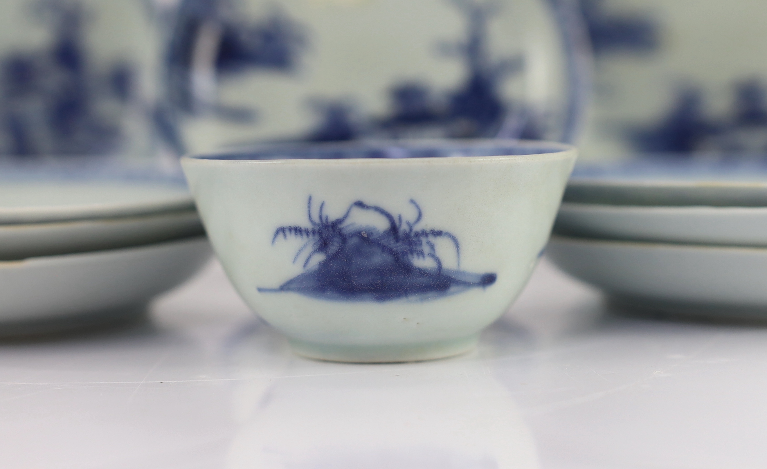 Twelve Chinese blue and white ‘Pagoda Riverscape’ tea bowls and saucers, Nanking Cargo, c.1750